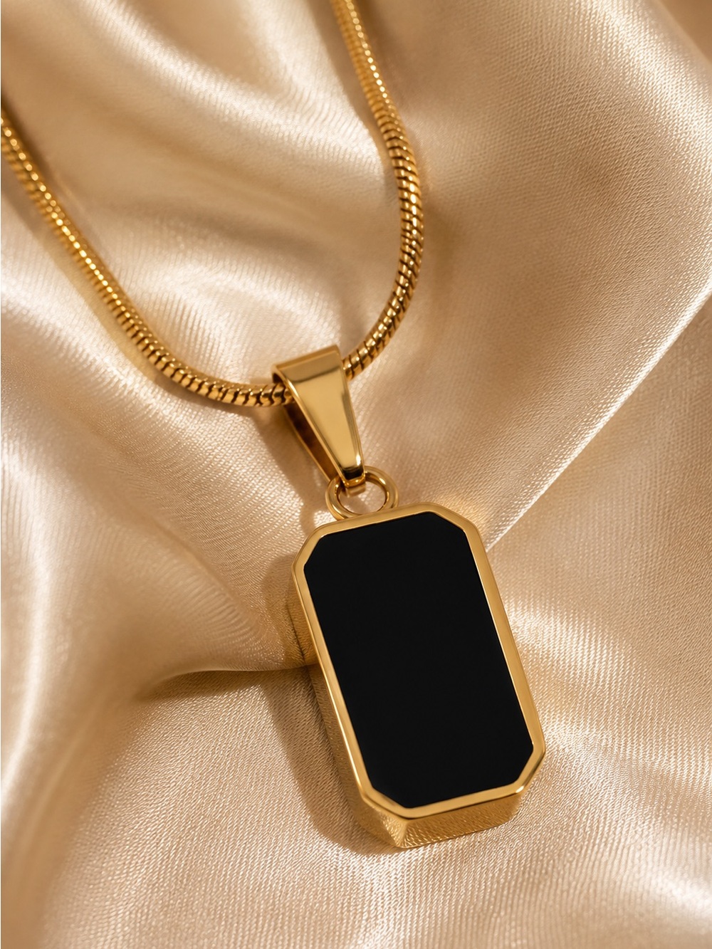 Gold tone double sided Pendant Necklace with Black and White Natural Inlay